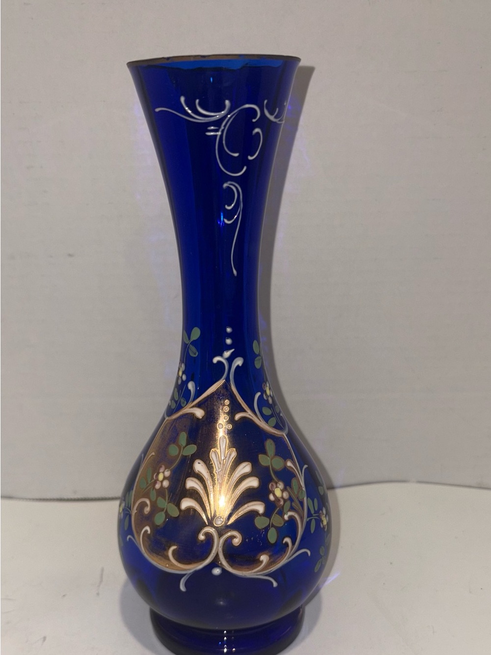 Cobalt Blue Decorative Glass Vase with Gold Floral Accents